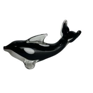Studio Art Hand Blown Glass Orca Whale Black Clear Home Shelf Desk Paperweight